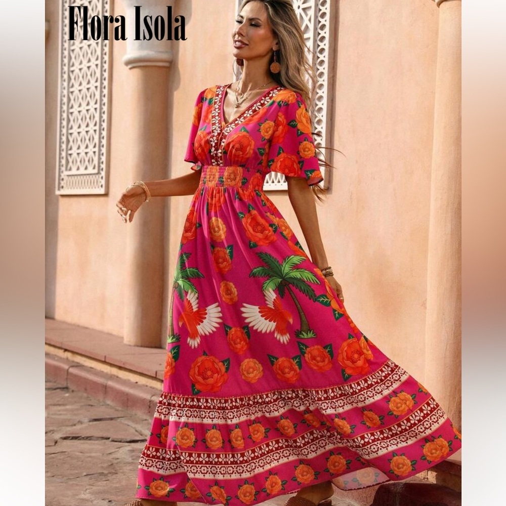 Pink Floral Palm tree V-Neck Maxi Dress size small